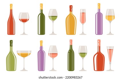 Wineglass and bottle set. Wine or champagne bottles and glasses liquor alcohol beverages, various shapes. Winemaking alcohol bar, advertisement spirits design for cafe, restaurant vector illustration