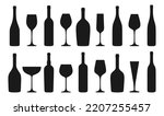 Wineglass and bottle silhouette set. Wine or champagne bottles and glasses liquor alcohol beverages, various shapes. Winemaking alcohol bar, advertisement spirits design for cafe, restaurant vector