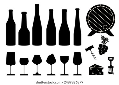 Wineglass and bottle silhouette set. Wine or champagne bottles and glasses liquor alcohol beverages, various shapes. Winemaking alcohol bar, advertisement spirits design for cafe, restaurant vector