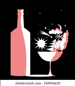 Wineglass and bottle stand at night.Vector illustration.