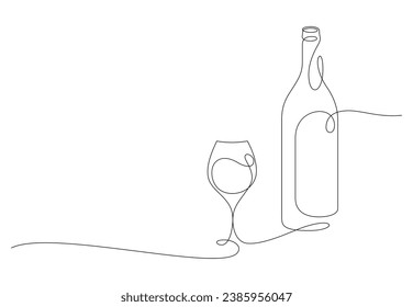 wineglass and bottle thin line continuous drawing vector illustration minimalist style