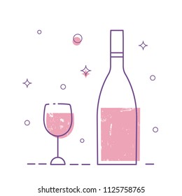 Wineglass and bottle wine set isolated on white background. Line art icon. Vector illustrator.