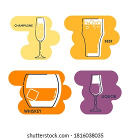 Wineglass champagne beer whiskey liquor line art in flat style. Isolated on colored shape as background. Restaurant alcoholic illustration for celebration design. Contour element. Set beverage icon.
