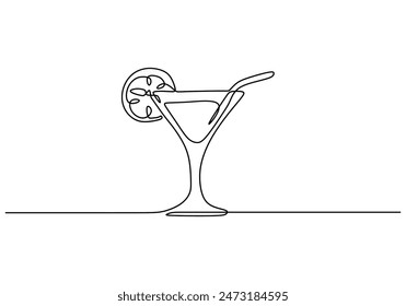 Vaso de vino con cóctel y limón de dibujo de línea continua. Ilustración vectorial diseño minimalista dibujado a mano aislado sobre fondo blanco.