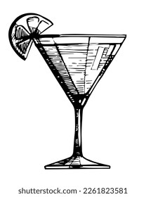 Wineglass with cocktail and lemon. Cocktail margarita with lime. Hand drawn vector sketch illustration