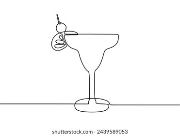 Wineglass with cocktail and lemon in one continuous line drawing style