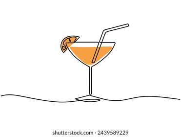 Wineglass with cocktail and lemon in one continuous line drawing style