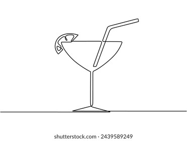 Wineglass with cocktail and lemon in one continuous line drawing style