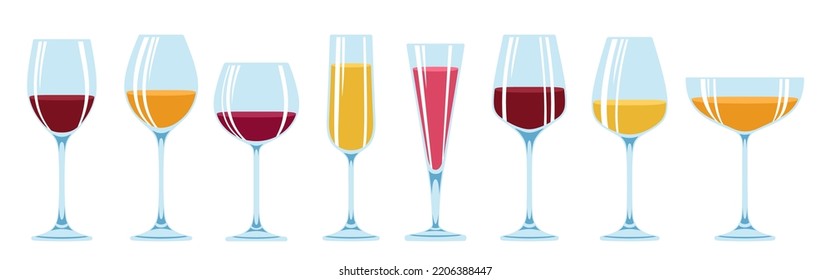 Wineglass different types set. Glass for red, white, sparkling wine champagne liquor alcohol beverages, various shapes. Winemaking advertisement bar design for cafe, restaurant vector