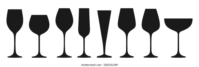 Wineglass different types silhouette set. Glass for red, sparkling wine champagne liquor alcohol beverages, engraving various shapes. Winemaking monochrome advertisement design for cafe, restaurant