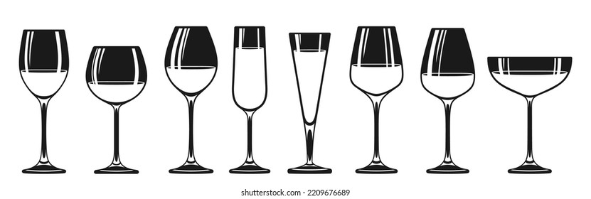 Sello de tipos o conjunto de iconos diferentes de Windows. Vidrio para bebidas alcohólicas de licor de vino espumoso y rojo, que engloba varias formas. Diseño de anuncios en monocromo para el restaurante