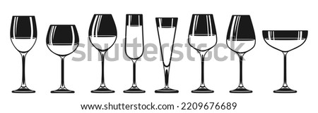Wineglass different types stamp or icon set. Glass for red, sparkling wine champagne liquor alcohol beverages, engraving various shapes. Winemaking monochrome advertisement design for restaurant