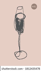 Wineglass drawing for logo design. Hand-drawn line art with artistic pencil texture. Silhouette of wine glass for emblem vineyard, organic wines banner, autumn wine festival, bar sign template.