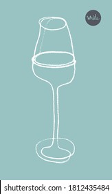 Wineglass drawing for logo design. Hand-drawn line art with artistic pencil texture. Silhouette of wine glass for emblem vineyard, organic wines banner, autumn wine festival, bar sign template.