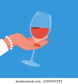 Wineglass with a drink in hand woman. Alcoholic drinks. Vector illustration flat design. Isolated on white background.