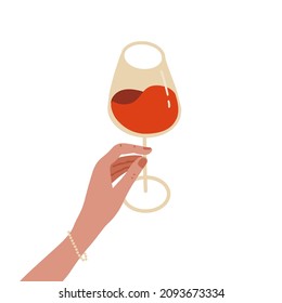 Una copa de vino en mano femenina. Mano elegante sosteniendo un vaso de vino tinto. El vaso lleno de alcohol bebe la elegante mano de una chica. Ilustración vectorial de estilo plano sobre fondo blanco.