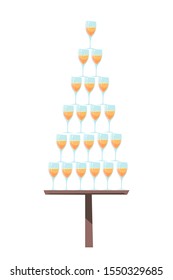 Wineglass filled with alcoholic drinks on tray composition. Pyramid or cascade of champagne glasses. Cafe, restaurant, winehouse grand opening party, event. Vector flat cartoon illustration