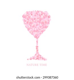 The wineglass with flower petals blossom. Romantic vector illustration.