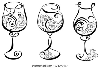 Wineglass with grapevines. Vector wine design elements.