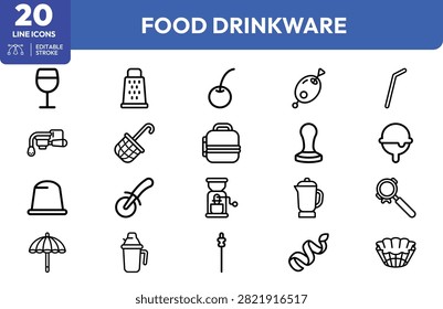 Wineglass, grater, cherry, fish, straw, blender, strainer, lunchbox, funnel, chefhat, whisk, pitcher, umbrella, shaker, noodles, spoon, jar, magnifying glass, and and basket for culinary and dining applications.