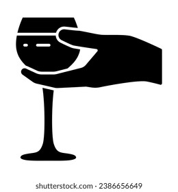 Wineglass in hand solid icon, Wine festival concept, Glass of wine in palm sign on white background, Hand holding glass icon in glyph style for mobile and web design. Vector graphics