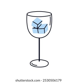 Copa de vino con cubitos de hielo. Cristalería alta vacía, copa limpia, copa de vino con bloques helados, cubitos de hielo para bebidas frías y frías. Ilustración vectorial plana aislada sobre fondo blanco