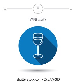 Wineglass icon. Goblet sign. Alcohol drink symbol. Blue flat circle button. Linear icon with shadow. Vector