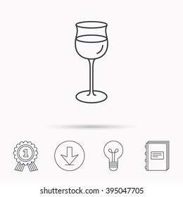 Wineglass icon. Goblet sign. Alcohol drink symbol. Download arrow, lamp, learn book and award medal icons.