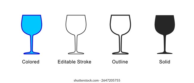 Wineglass icon, logo, sign in colored, editable stroke, outline and solid styles