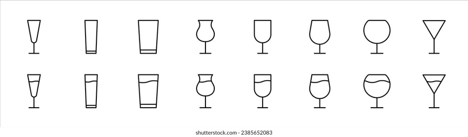 Wineglass icon set. Drink glasses line icon. Champagne glass. Wineglass icons. Editable stroke. Vector illustration.
