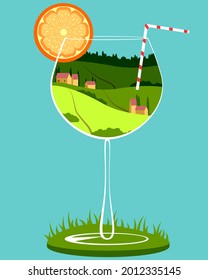 Wineglass with a landscape inside. Vector illustration for poster and design.