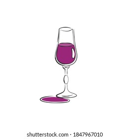 Wineglass liquor. Drink element. Color object. Retro glass wine hand draw, design for any purposes. Restaurant illustration. Simple sketch. Isolated on white background in engraving style. Vector.