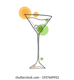 Wineglass margarita line art drawing with abstract shape and color spots and circles. Art design minimal and wall art. Vector illustration.