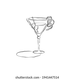 Wineglass martini with olive on a skewer and lemon peel. Concept of beverage and snacks. Retro glassware hand draw. Restaurant illustration. Vector simple sketch on white background in engraving style