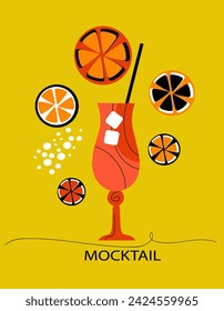 wineglass Mocktail with orange. Non-alcoholic cocktail with citrus fruits and mint. Vector banner illustration in the flat style.