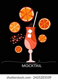 wineglass Mocktail with orange. Non-alcoholic cocktail with citrus fruits and mint. Beach kitchen. Cool summer drinks. Vector illustration in the flat style.