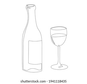 Wineglass outline vector icon. Continuous one line drawn a bottle of wine and a glass. Linear style sign for mobile concept and web design. Symbol, logo illustration. Wine one line sketch. Wine glass 