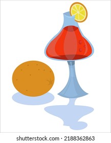 Una copa de vino con una bebida roja y una fruta naranja. Esta ilustración puede utilizarse como logotipo para restaurantes, cafés y bares. Vector, aislado.