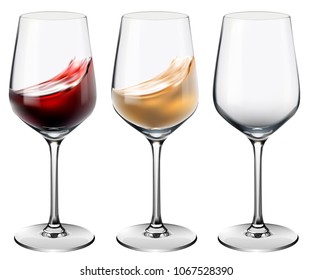Wineglass with red and white wine . Empty glass. Vector