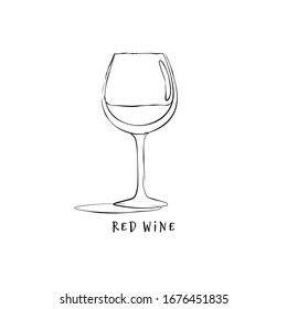 Wineglass red wine. Drink element. Black white. Retro glass wine hand draw, design for any purposes. Restaurant illustration. Simple sketch. Isolated on white background in engraving style. Vector.
