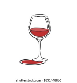 Wineglass red wine. Drink element. Color object. Retro glass wine hand draw, design for any purposes. Restaurant illustration. Simple sketch. Isolated on white background in engraving style. Vector.
