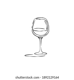 Wineglass red wine with shadow. Drink contour object. Retro glassware hand draw, design for any purposes. Simple sketch restaurant illustration. Vector isolated on white background in engraving style
