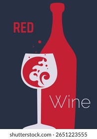 wineglass with red wine splash and wine bottle, minimalistic poster