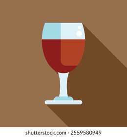 Wineglass with red wine standing on brown background with long shadow, flat design icon