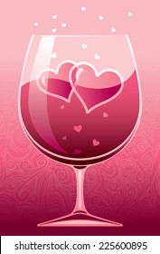 Wineglass with red wine and two hearts. Eps8. CMYK. Global colors. Organized by layers. Gradients used.