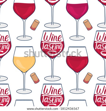 Wineglass seamless pattern. Wine Tasting lettering inscription. Vector hand drawn illustration isolated on white background. Red and white drinks