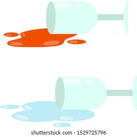 Wineglass set with wine and water. overturned glass tumbler with spilled red and blue liquid. Cartoon flat illustration