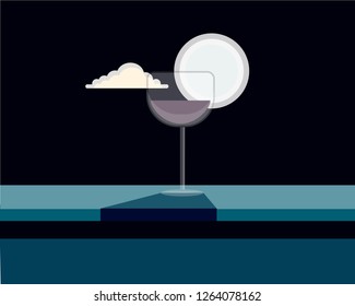 wineglass and sky at night vector illustration, moon 
