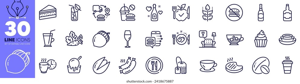 Wineglass, Supply chain and Tea bag line icons pack. Food order, Dishes, Ice cream web icon. Gluten free, Pistachio nut, Beer bottle pictogram. Love champagne, Water glass, No burger. Vector