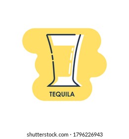 Wineglass tequila line art in flat style. Isolated on colored shape as background. Restaurant alcoholic illustration for celebration design. Contour element. Beverage outline icon. Vector.
